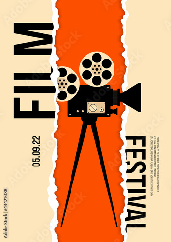 Movie and film poster design template background with vintage film camera