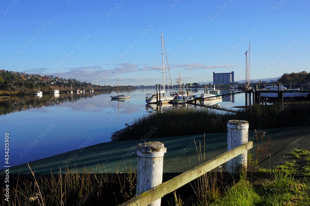 Scenic View past Boats down the Tamar River in Early Morning Light