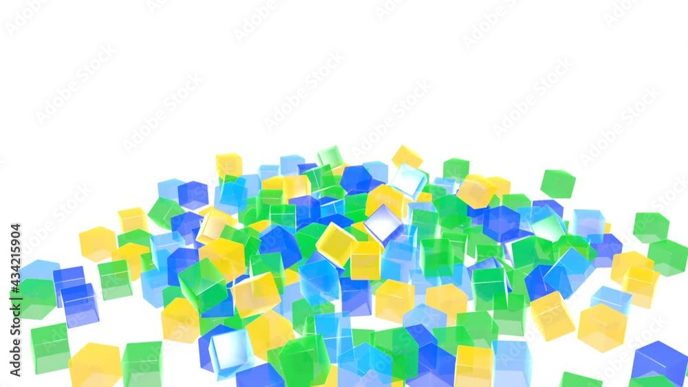 3d animation of geometric cube falling, hitting the ground and breaking down into many smaller cubes. Various transparent bright colors on white background.
