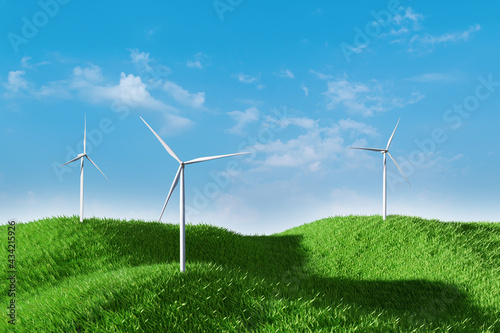 3d rendering. Landscape with wind turbine in green field over blue sky background. Ecology environmental concept.