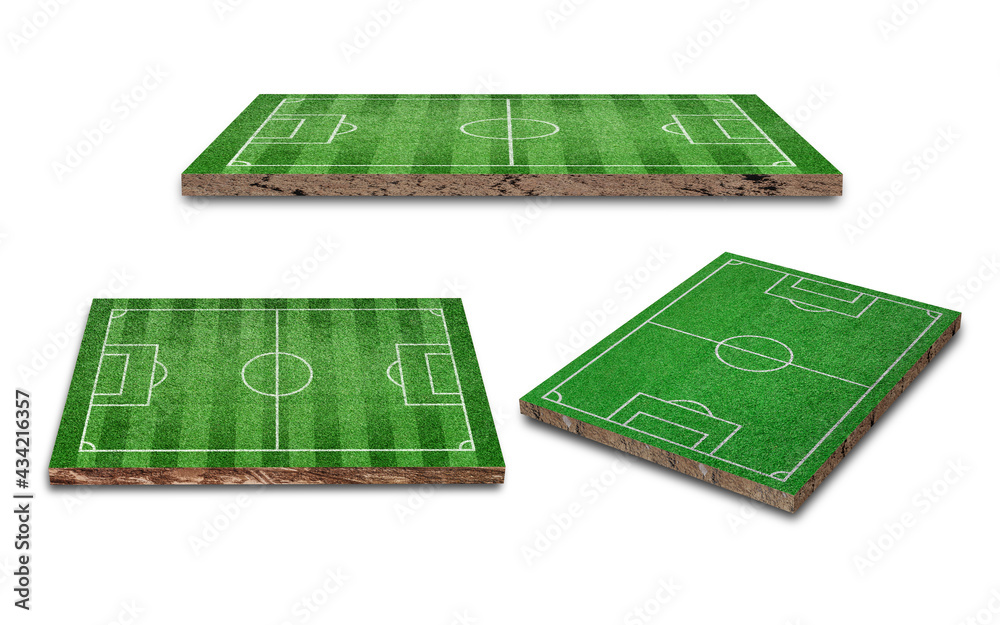 3D Rendering. Green grass soccer field collection isolated on white background. Different perspective 3D Rendering. Green grass soccer field collection isolated on white background. Different perspective