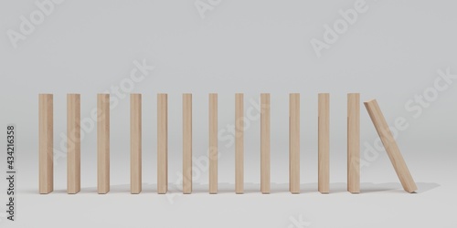 Domino wooden pieces  the first one starts  Isolated on white background. 3D illustration  3D rendering.