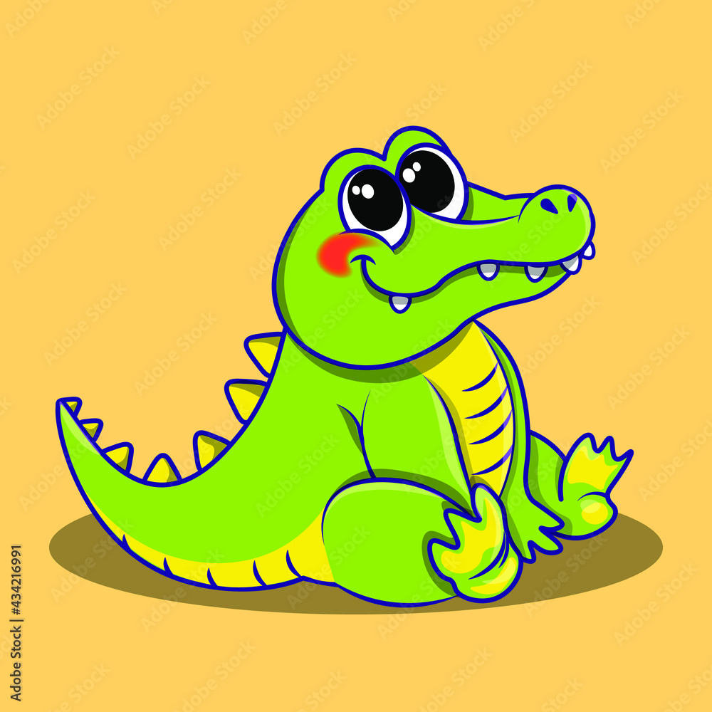 Obraz premium Crocodile cute cartoon illustration. Crocodile is sitting and looking cute. Flat vector illustration. 
