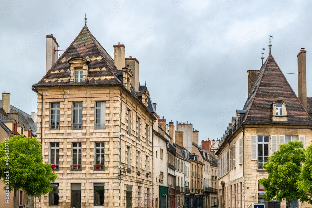 Dijon, beautiful city in Burgundy, old buildings in the center with tiles roofs
