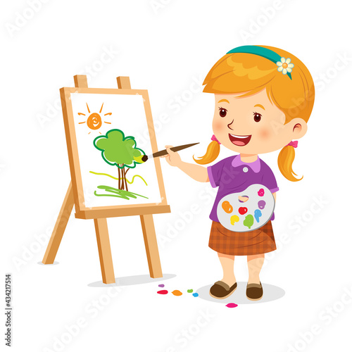 Cute little girl is happy making art. Vector illustration
