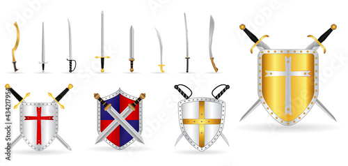 set of realistic warrior sword or cross swords shield or axe sword cartoon shield concept. eps vector