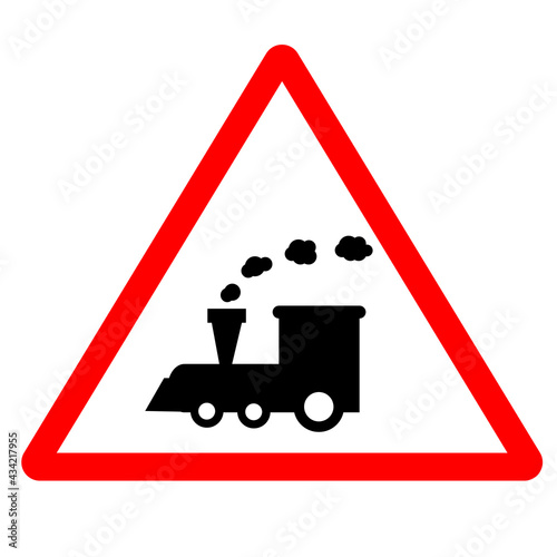 train warning sign on white background. railway train level crossing road sign. railway symbol. flat style.