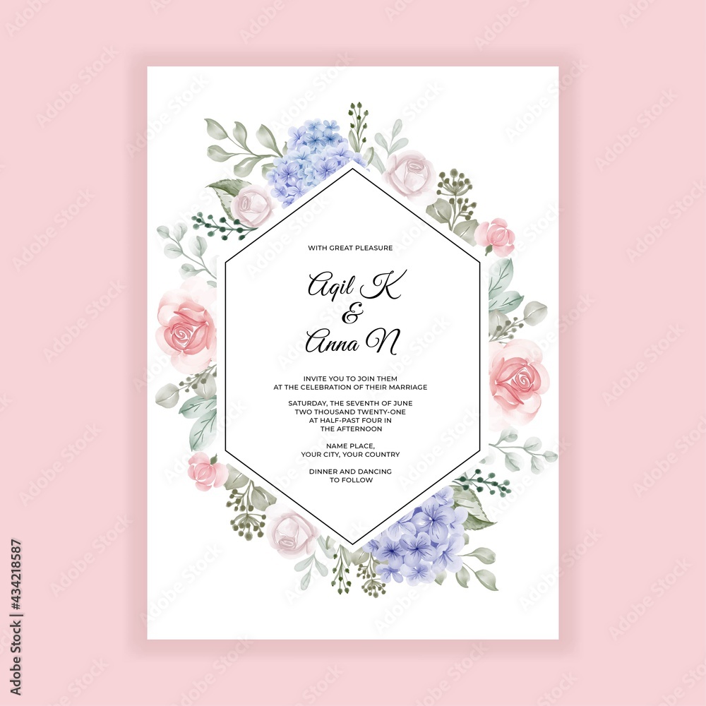 hydrangea blue with rose wedding invitation template
