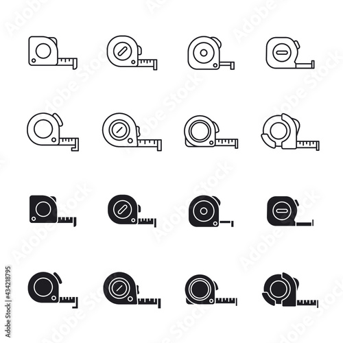 Measure tape line and glyph icon set. Simple outline and solid style collection. Meter, length, metric, size concept for app and web. Vector illustration isolated on white background. EPS 10.