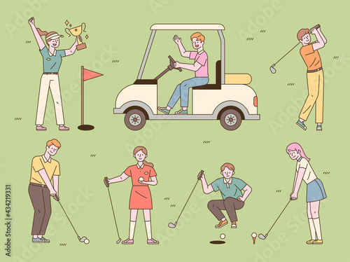 Various positions of people playing golf. flat design style minimal vector illustration.