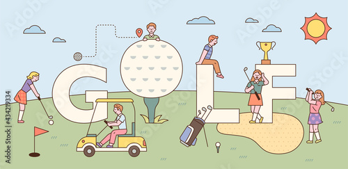 Golf banner template. People who play golf around the large GOLF letters. flat design style minimal vector illustration.