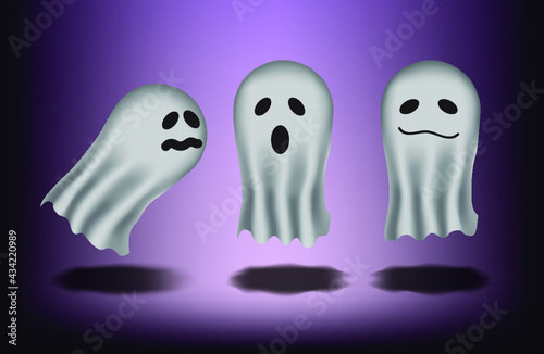 Ilustración de unos fantasmas sobre fondo morado