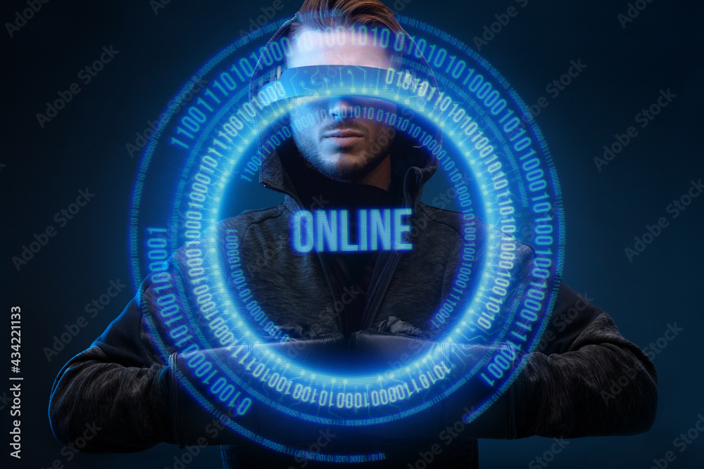 Man in glasses of virtual reality, boxing gloves. Augmented reality