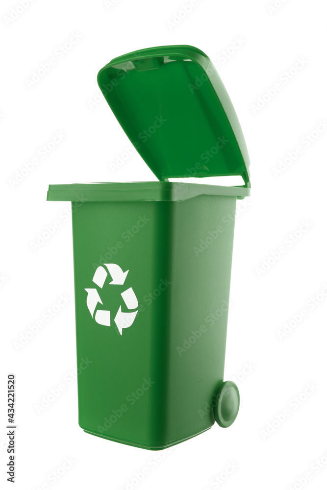 Plastic green trash can isolated on white background Plastic green trash can isolated on white background