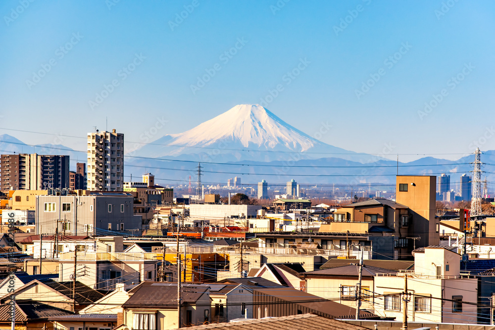 Fuji mountain and Tokyo from Window of High Speed Bullet Train Shinkansen, Tokyo, Japans