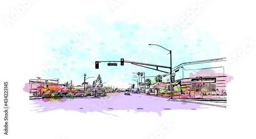Building view with landmark of Fontana is the 
city in California. Watercolor splash with hand drawn sketch illustration in vector.