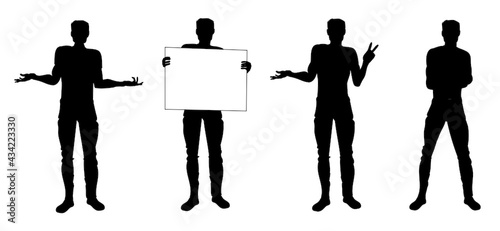silhouettes of of a young man in different poses. Shrug, crossed hands, holding a sign.  Illustrated vector isolated over white