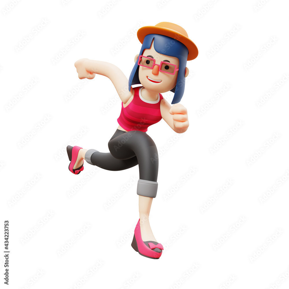 Cute Lady 3D Cartoon Character on running poses confidently Cute Lady 3D Cartoon Character on running poses confidently