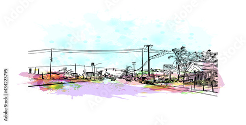 Building view with landmark of Fontana is the 
city in California. Watercolor splash with hand drawn sketch illustration in vector.