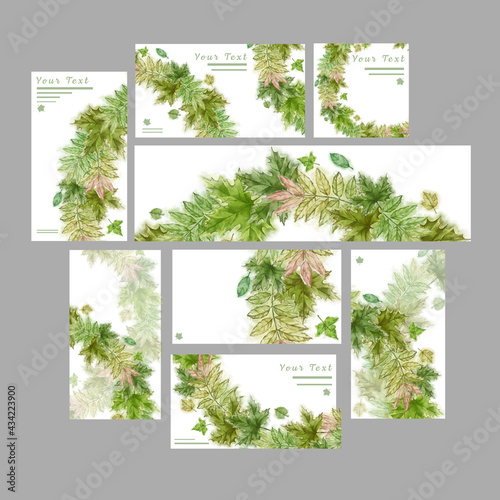 Green Leaf Wreath on various Templates. Botanical Design for Commercial or Event Branding, Advertisement, Banner, Announcement etc.