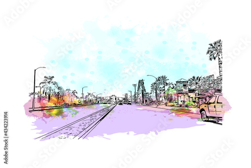 Building view with landmark of Fontana is the 
city in California. Watercolor splash with hand drawn sketch illustration in vector.