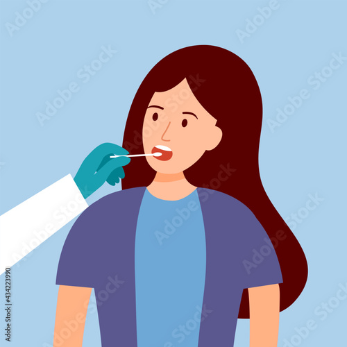 Mouth saliva test using swab concept vector illustration. COVID-19 Coronavirus or DNA test. Doctor keep saliva sample from woman patient.