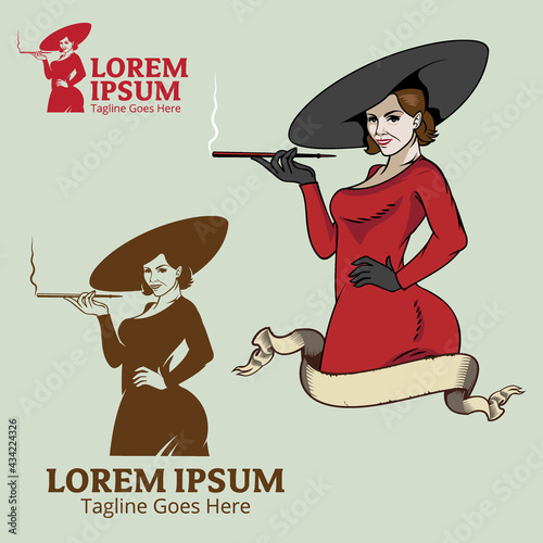 Rich Lady in red dress with a big hat vector illustration
