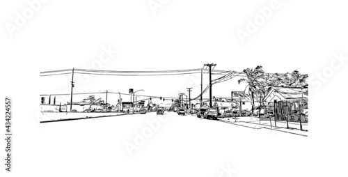 Building view with landmark of Fontana is the 
city in California. Hand drawn sketch illustration in vector.