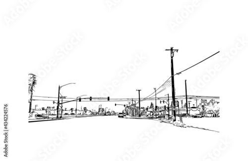Building view with landmark of Fontana is the 
city in California. Hand drawn sketch illustration in vector.
