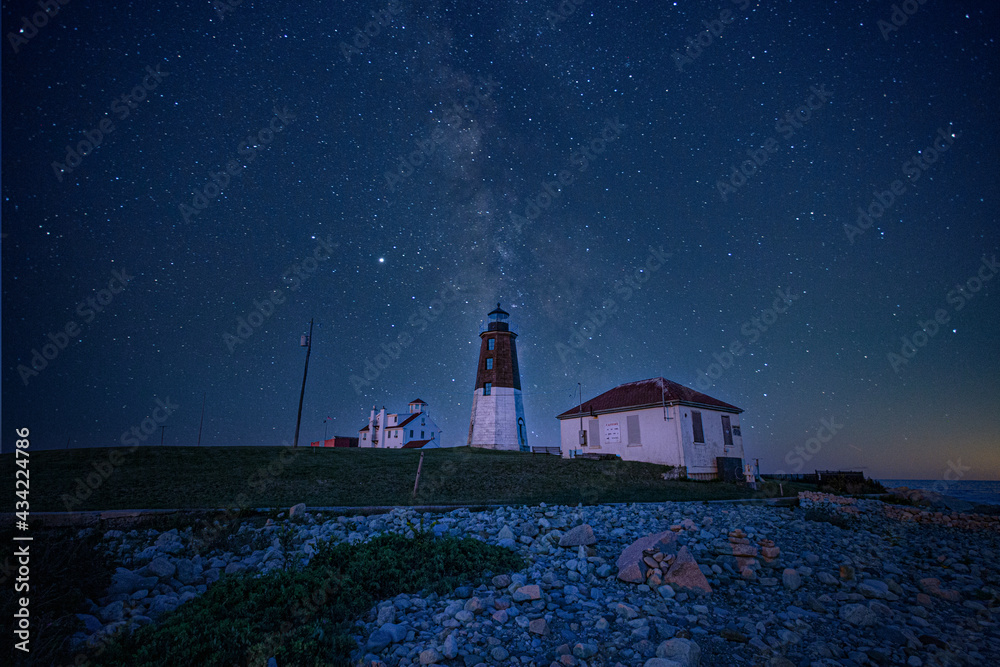 Lighthouse at night with a starry sky