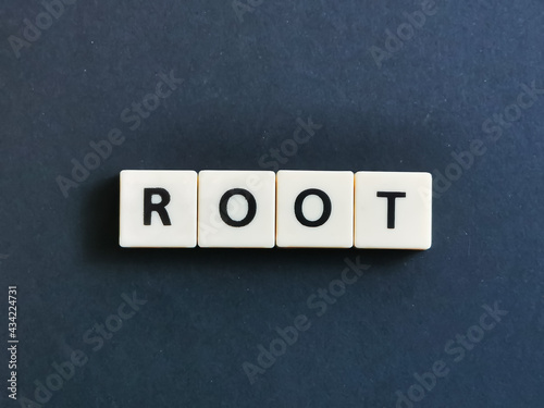 Phrase ROOT center placed lettering created using square letter tiles isolated on dark background.