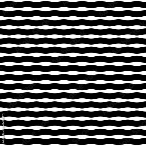 Wavy lines ornament. Seamless pattern. Jagged stripes motif. Waves ornate. Curves image. Linear background. Geometrical digital paper, textile print, web design, striped illustration. Vector art.