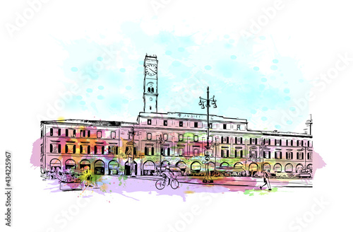 Building view with landmark of Forli is a city in Italy. Watercolor splash with hand drawn sketch illustration in vector.