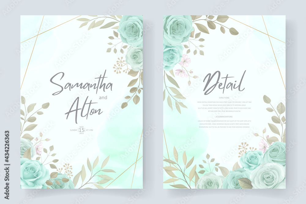 Elegant wedding invitation template with turquoise color floral ornament