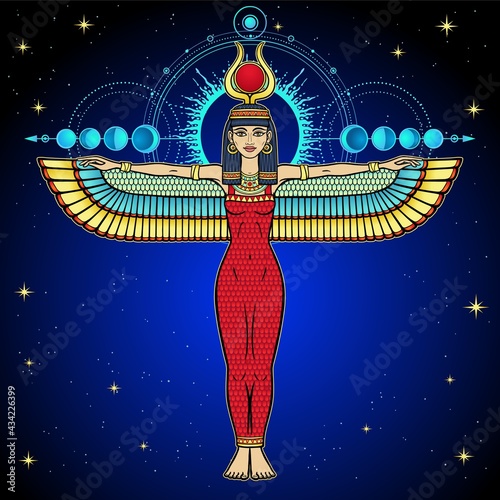 Animation color portrait: Egyptian winged goddess Isis with horns and a sun disk on her head. Sacred geometry, phases of the moon. Vector illustration. Background - night star sky. Print, poster, card