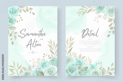 Elegant wedding invitation template with turquoise color floral ornament