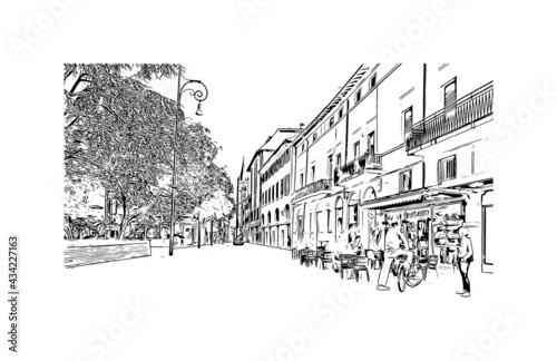 Building view with landmark of Forli is a city in Italy. Hand drawn sketch illustration in vector.