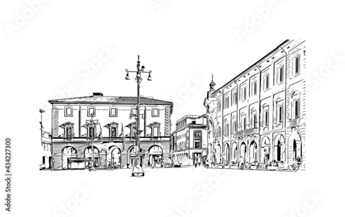 Building view with landmark of Forli is a city in Italy. Hand drawn sketch illustration in vector.