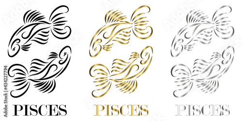 line vector logo of two fish It is sign of pisces zodiac there are three color black gold silver
