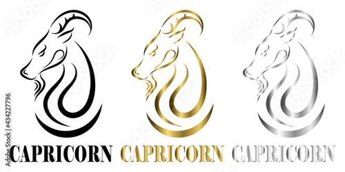 line vector logo of goat head It is sign of capricorn zodiac three art there are three color black gold silver