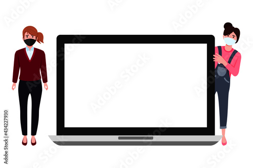 Young beautiful businesswoman characters wearing business outfit standing behind blank laptop screen and pointing waving isolated © iconic_works