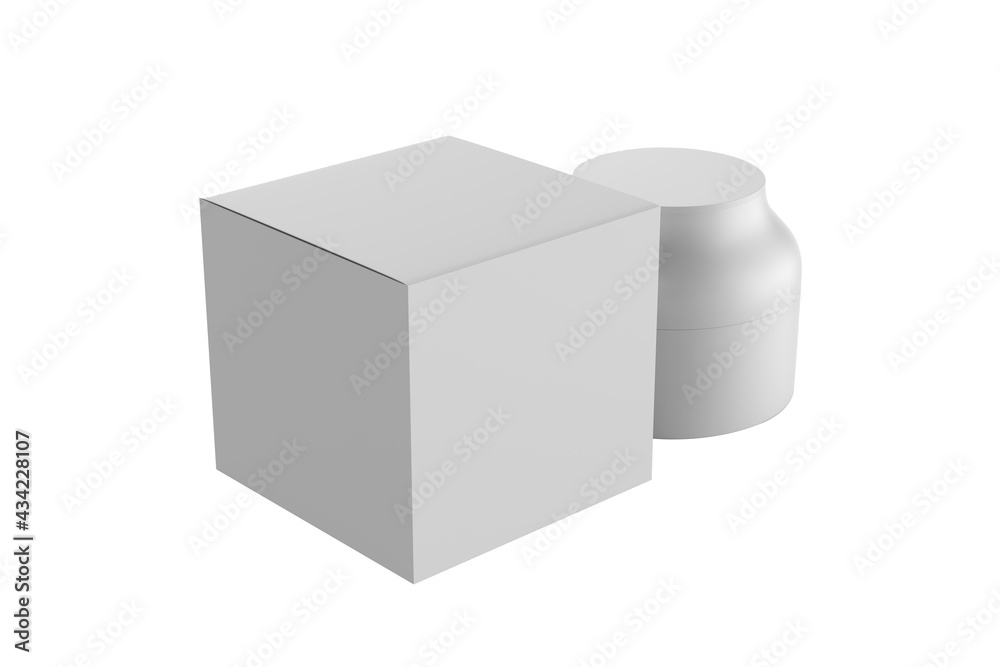 Cosmetic jar with packaging box mock up isolated on white background - 3d illustration Cosmetic jar with packaging box mock up isolated on white background - 3d illustration