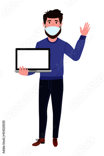 Young beautiful businessman a character wearing business outfit facial fabric mask standing and holding blank laptop screen and waving
