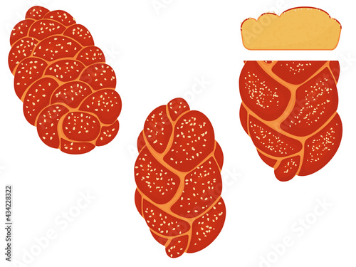 Set of challah is the national Jewish food. White bread. Vector illustration isolated on white background.