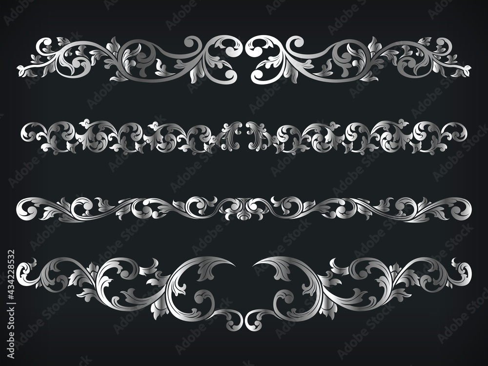 Divider Silver Frame Victorian Ornamental Line Floral Isolated Vector