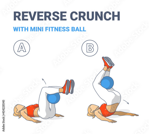 Girl Doing Reverse Crunch with Fit or Medicine Ball Home Workout Exercise Guidance Illustration.