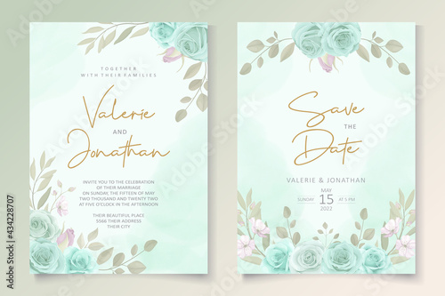 Elegant wedding invitation template with turquoise color floral ornament