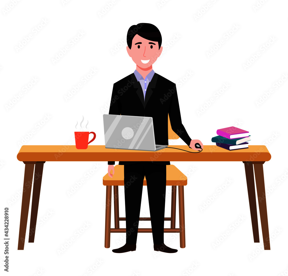 Young beautiful businessman a character wearing business outfit setting on desk with laptop coffee books and waving Young beautiful businessman a character wearing business outfit setting on desk with laptop coffee books and waving