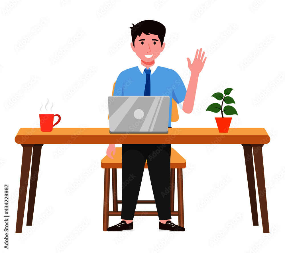 Young beautiful businessman a character wearing business outfit setting on desk with laptop coffee and waving Young beautiful businessman a character wearing business outfit setting on desk with laptop coffee and waving