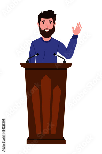 Young businessman character wearing business outfit standing behind podium and waving